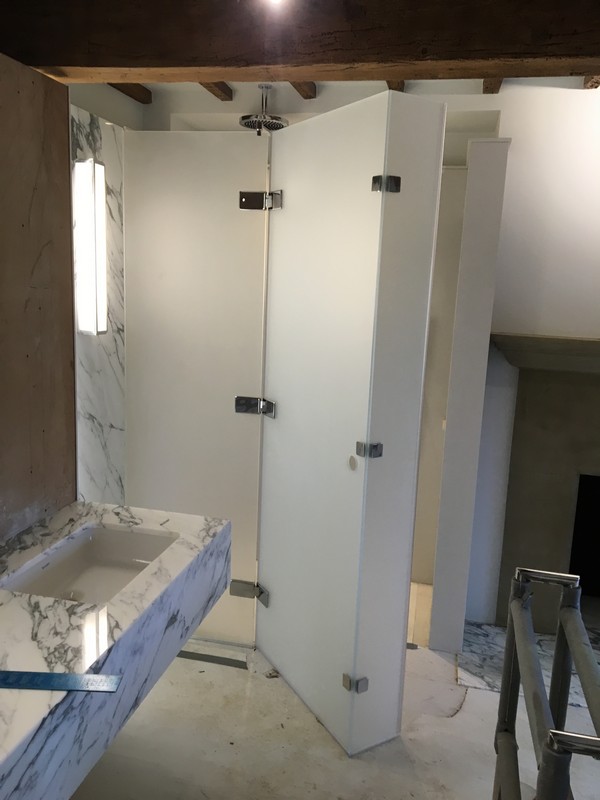 Bespoke frosted glass shower enclosure in East Finchley luxury bathroom
